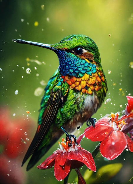 Foto colibrí volador con bosque verde en el fondo pequeño pájaro colorido en vuelo arte digital