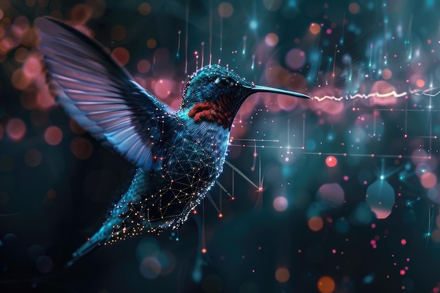 Colibrí volador con fondo de transmisión de datos futurista