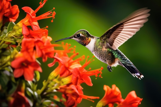 un colibrí volando cerca de las flores