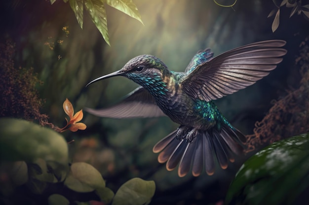 Colibrí volando en la jungla Escena de la vida silvestre de la selva tropical Colibrí en vuelo con las alas extendidas
