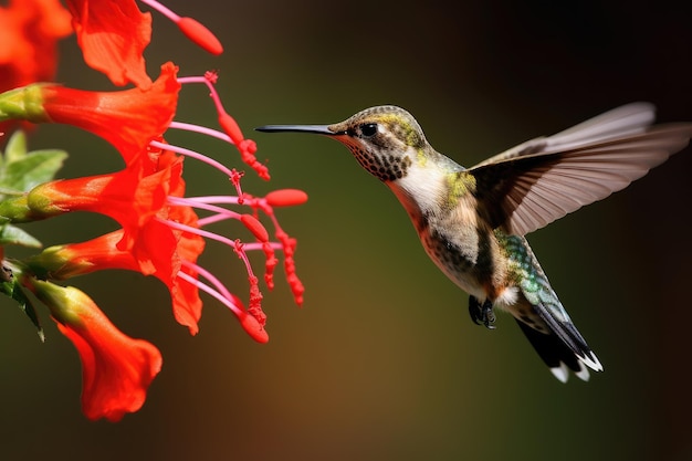 Un colibrí volando junto a una flor.