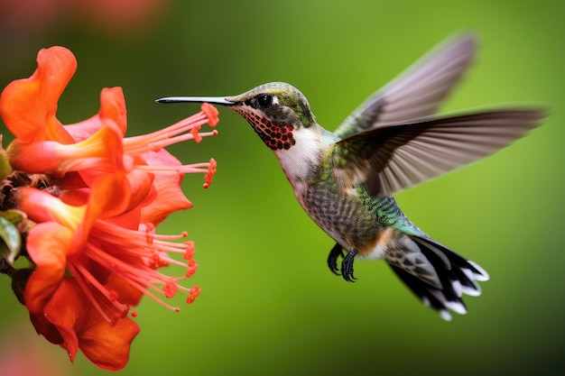 Un colibrí volando junto a una flor.