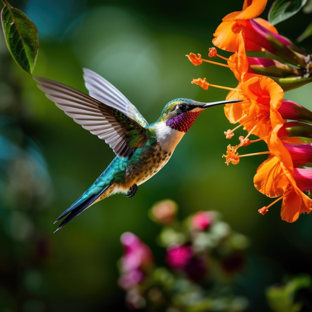 Un colibrí volando junto a una flor.