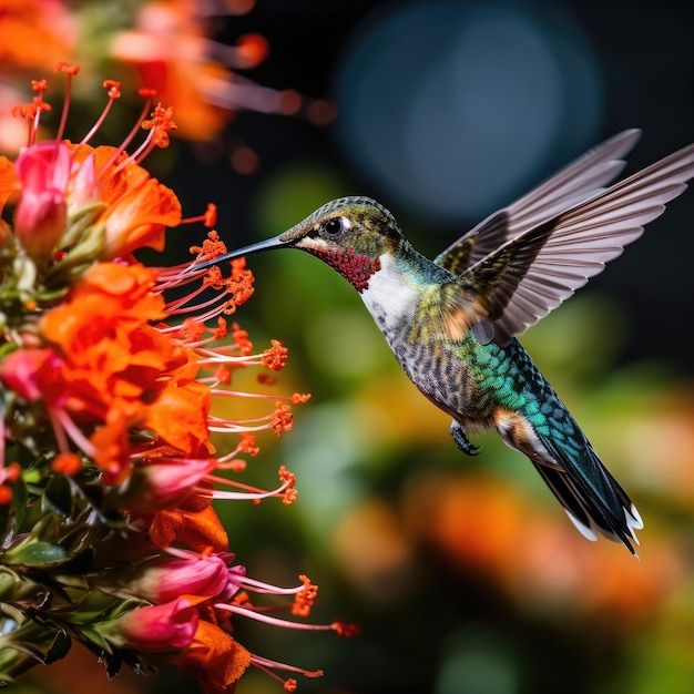 Un colibrí volando junto a una flor.