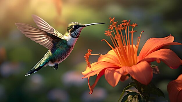 Colibrí volando para recoger el néctar de una hermosa flor Obra de arte digital AI Generativa