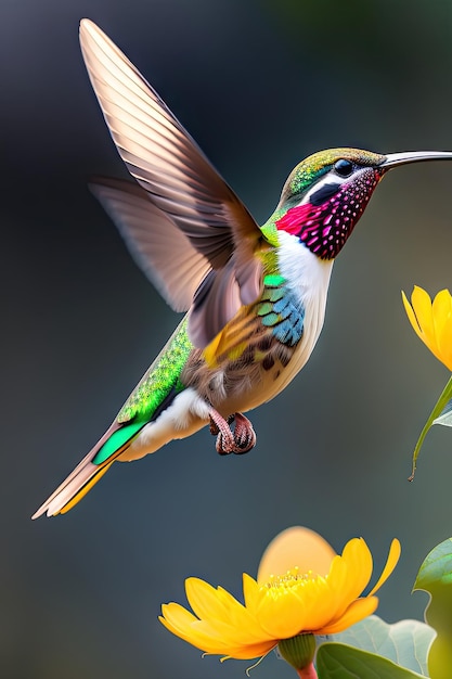 El colibri volando para recoger el néctar de una hermosa flor