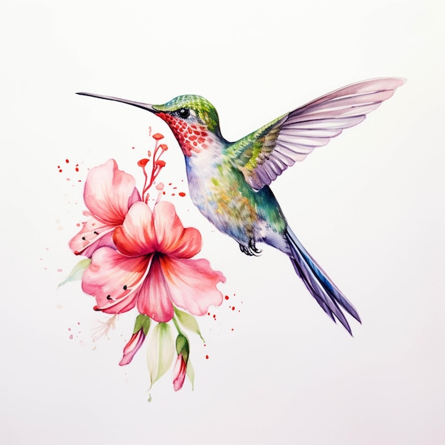 Colibrí volando sobre una flor rosa con efecto acuarela ai generativo