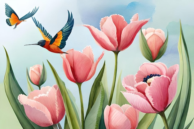 Un colibrí volando sobre los tulipanes en una pintura