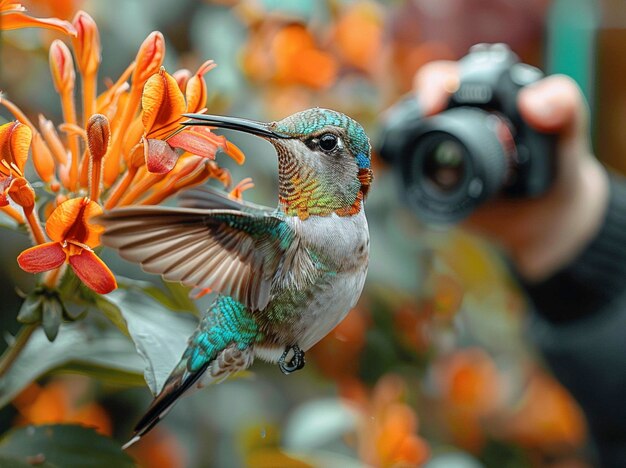 Foto un colibrí está volando a través de una flor con una cámara en el fondo