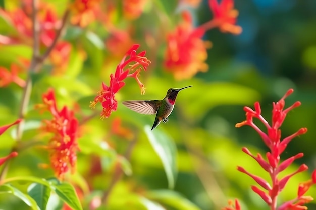 El colibrí vuela cerca de una flor roja.