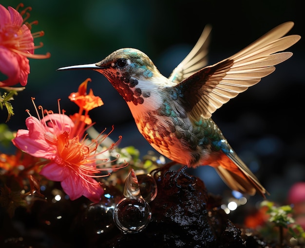 Un colibrí vuela y come de una flor fucsia.