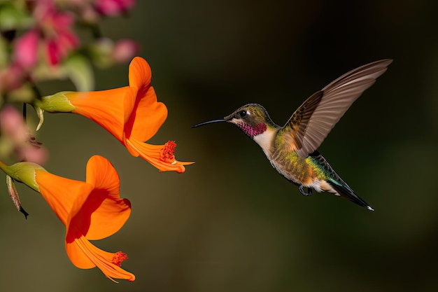 Un colibrí vuela hacia una flor.