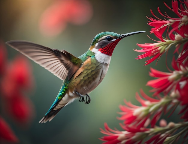 Un colibrí vuela junto a una flor.