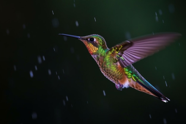 Un colibrí vuela bajo la lluvia con la palabra colibrí a la izquierda.