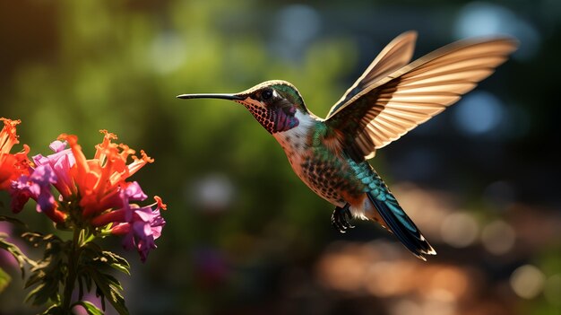 Colibri en vuelo Colibri volador con bosque verde en el fondo Pequeño pájaro colorido en vuelo