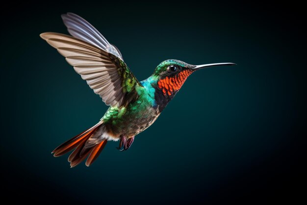 Un colibrí en vuelo con colores vibrantes en primer plano