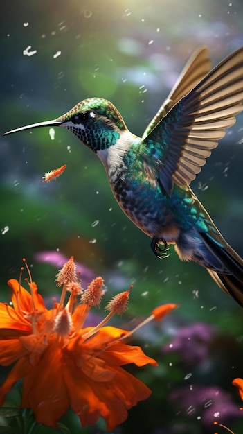 Un colibrí en vuelo sobre una flor vibrante