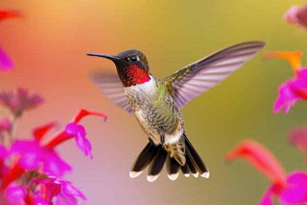 Colibríes cautivadores y coloridos revoloteando entre las flores Escena encantadora de colibríes vibrantes volando entre flores en flor