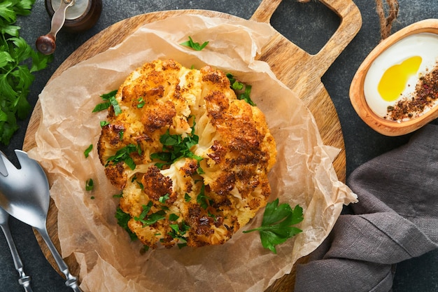 Coliflor al horno Horno o servidor de especias y hierbas de coliflor al horno entero en una tabla rústica de madera sobre una mesa de fondo gris Delicioso plato Eyal Shani de coliflor Sabroso aperitivo perfecto