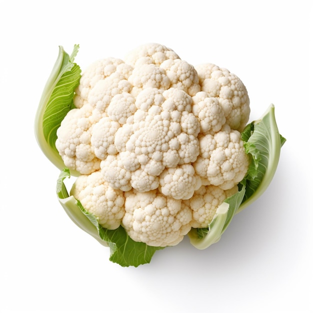 Foto una coliflor blanca con hojas verdes está sobre un fondo blanco.