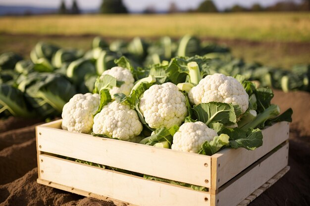 La coliflor orgánica en una caja de madera generativa por Ai