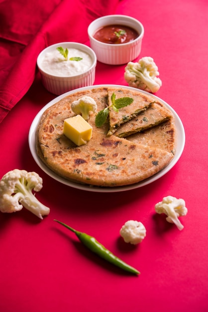 La coliflor rellena o Gobi Paratha es un pan plano indio. Menú favorito para el desayuno o el almuerzo en el norte de la India, servido sobre un fondo de mal humor con requesón y salsa de tomate en un tazón