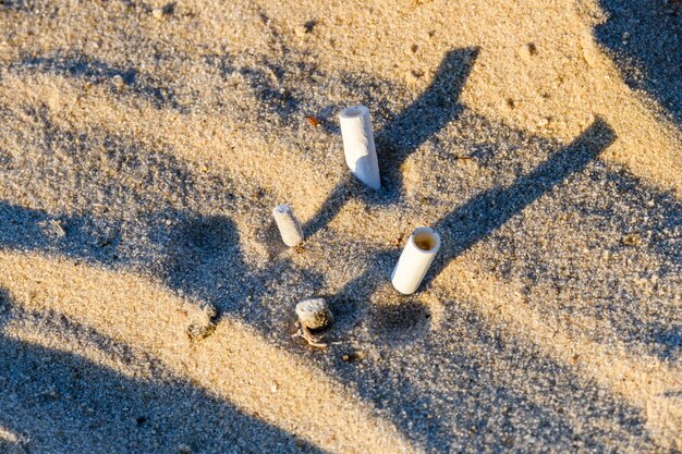 Colillas de cigarrillos blancos en la arena en la playa