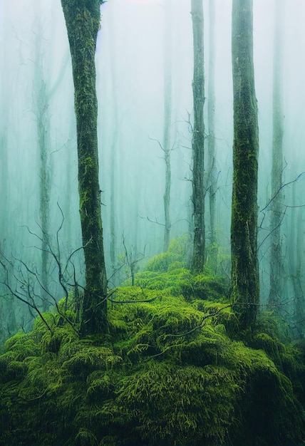 Colina cubierta de musgo verde en el bosque oscuro de la primavera