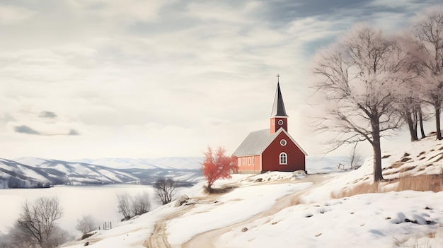 Colina cubierta de nieve con iglesia y árboles en el fondo