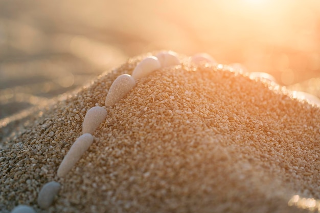 Colina de areia decorada com fileira de seixos à luz do sol