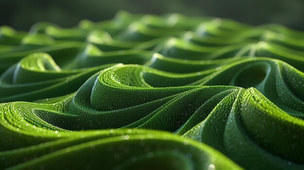 una colina de hierba verde rizada con espirales de aire origami de plástico