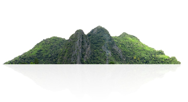 colina de montaña rocosa con bosque verde aislado sobre fondo blanco