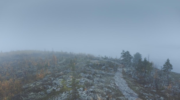 Colina rocosa con escasa vegetación Terreno nórdico Tiempo de otoño niebla espesa