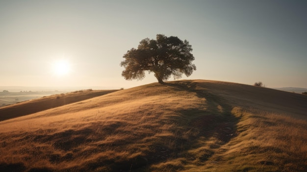 Colina serena ao pôr do sol com árvore solitária