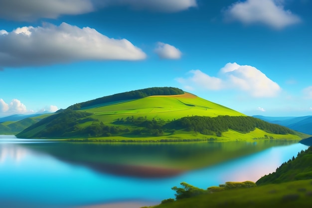 Una colina verde junto al lago con un cielo azul y nubes.