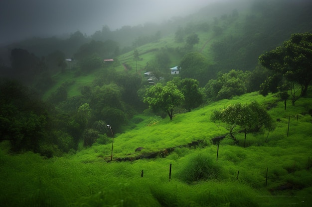 Una colina verde en la niebla