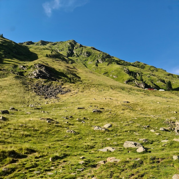 Una colina verde con rocas y pasto