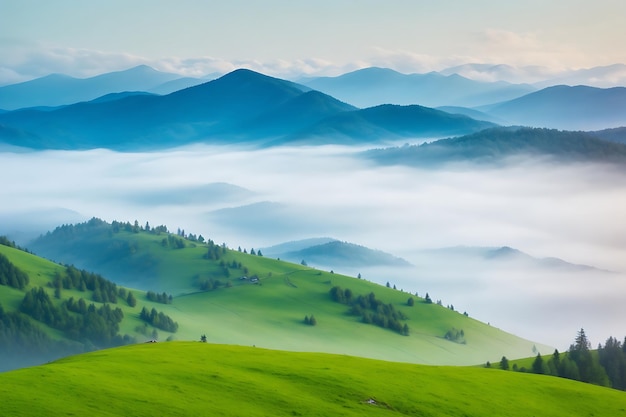 Colinas cobertas de neblina Majestosas montanhas dos Cárpatos Bela paisagem de natureza intocada
