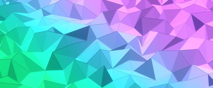 Foto colinas de cristal púrpura con fondo degradado azul polígono verde geométrico con malla de renderizado 3d texturas digitales triangulares apiladas en formaciones creativas con interior futurista
