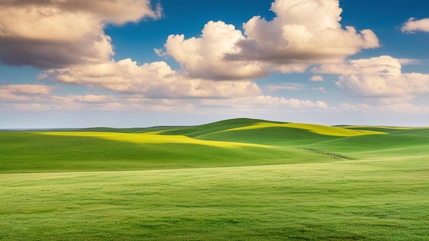 Colinas de hierba verde bajo un cielo azul y nubes blancas