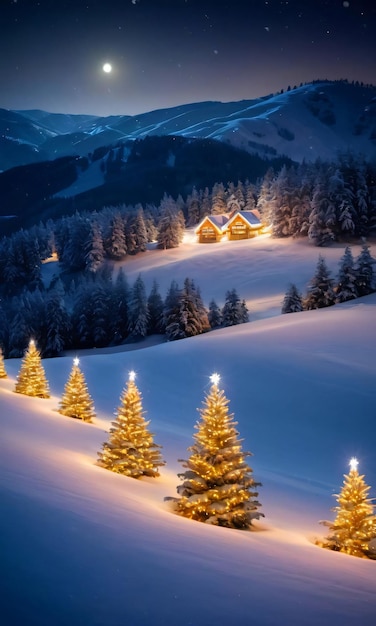 Colinas nevadas con árboles de Navidad iluminados por la noche