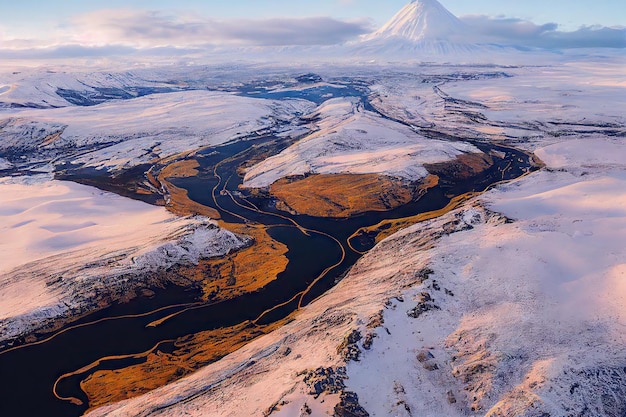 Colinas nevadas azules y río aéreo de Islandia contra el cielo