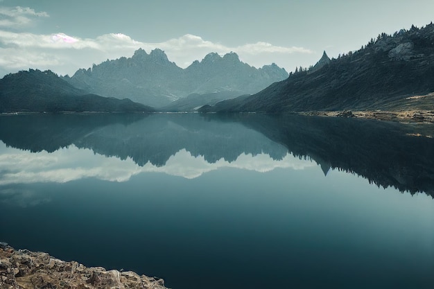 Colinas de niebla de pie detrás de un lago de montaña suave