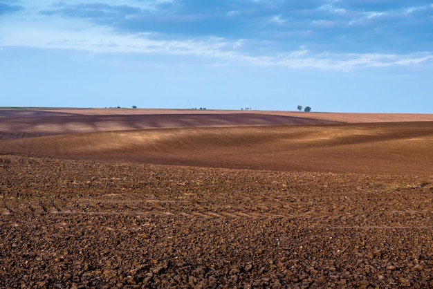 Colinas onduladas y líneas de tierra arada en otoño, geometría de línea, campo listo para sembrar