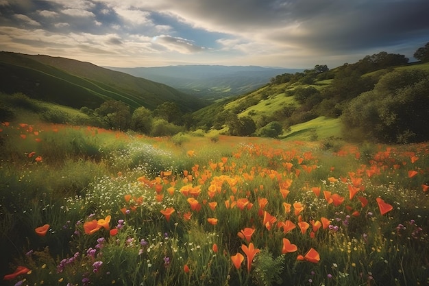 Colinas ondulantes e flores silvestres vibrantes criam uma cena pitoresca que certamente encantará o Generative Ai