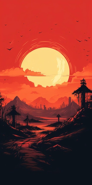 Colinas pós-apocalípticas com ilustração de sol vermelho