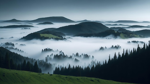 Colinas que sobresalen de la niebla sobre una escena del valle del bosque