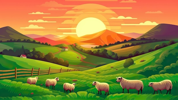 Foto colinas y valles de fondo abstracto ilustración de la serena belleza de la naturaleza con valles adornados por ovejas bajo una puesta de sol vibrante ia generativa
