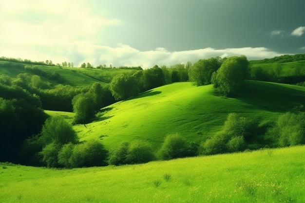 Colinas verdes e árvores no céu