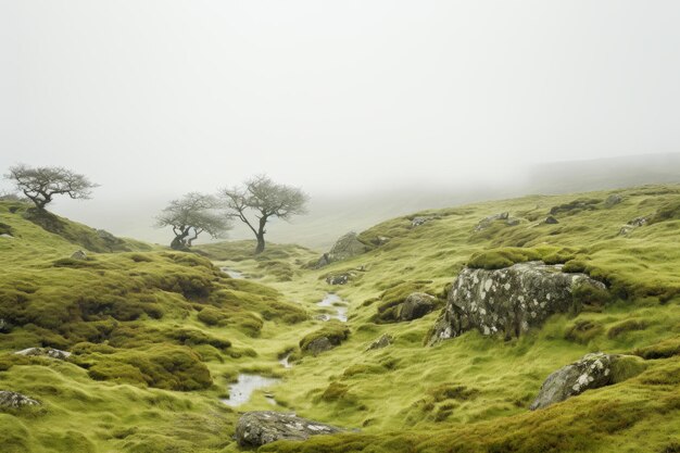 Foto colinas verdes envueltas en niebla con piedras de musgo y árboles escasos